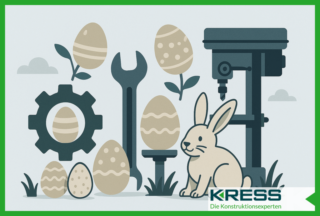 Osterhase mit Ostereiern, Zahnradsymbol, Schraubenschlüssel und Bohrmaschine – Industriewerkzeuge im Osterdesign