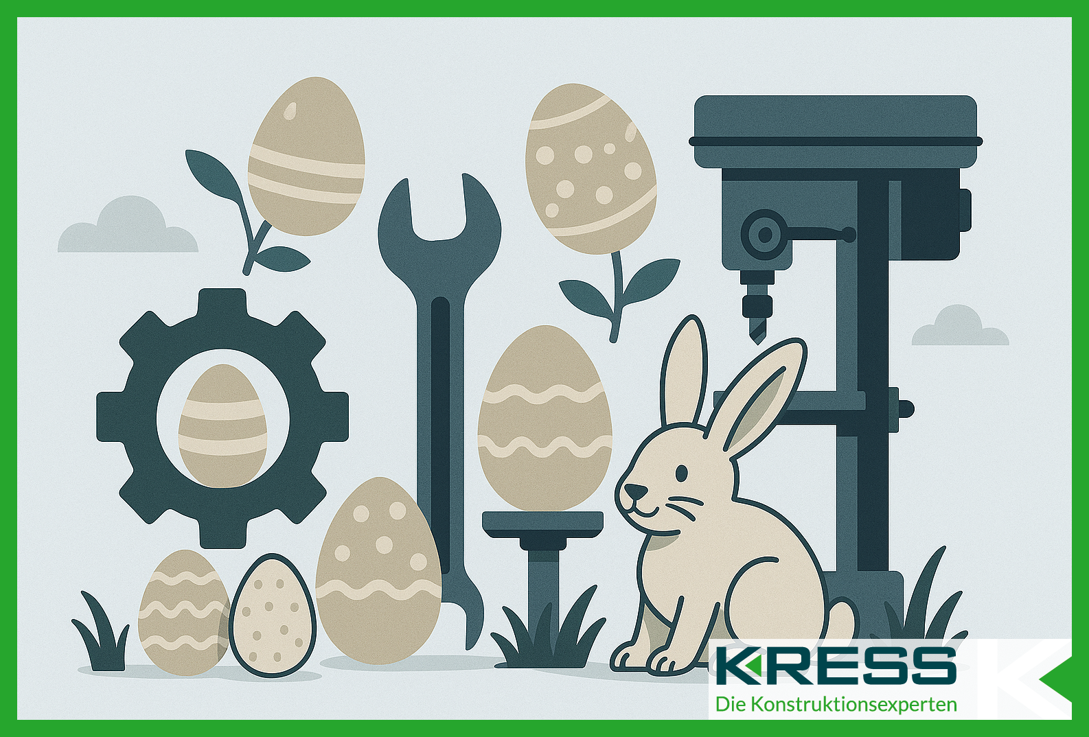 Osterhase mit Ostereiern, Zahnradsymbol, Schraubenschlüssel und Bohrmaschine – Industriewerkzeuge im Osterdesign