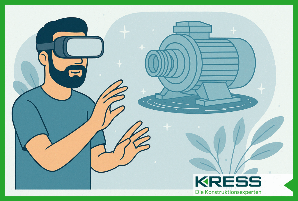 Mann mit VR-Brille visualisiert Elektromotor in Augmented Reality – digitale Konstruktion und Simulation im Maschinenbau